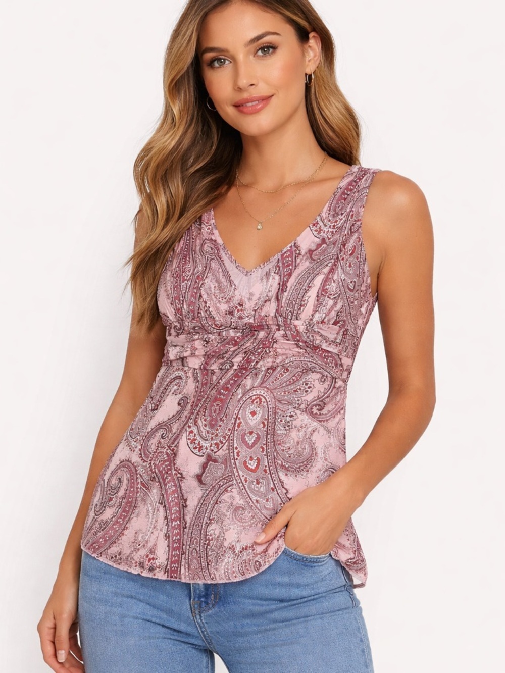 FANG Pink Paisley V-Neck Sleeveless Tank